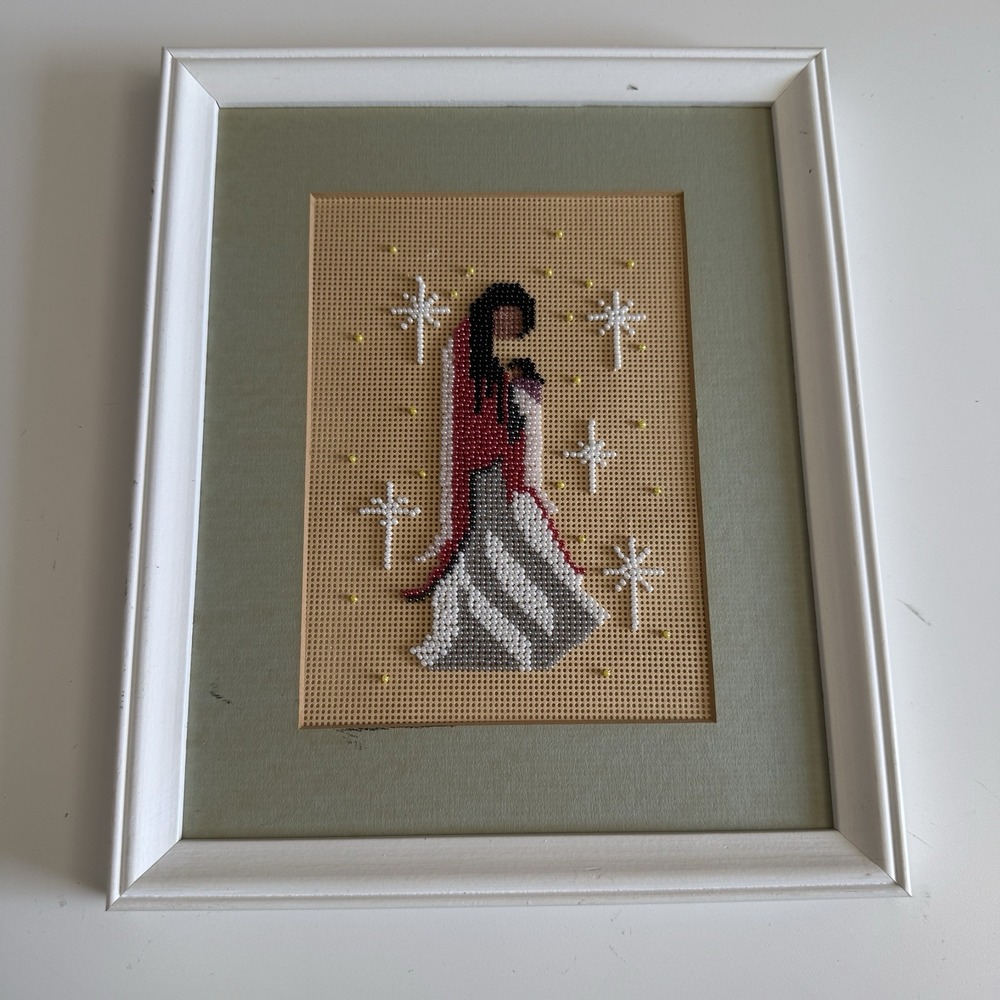 Handmade Framed Beaded Art Navajo Holding Child 9.5x11.5" Unfinished Needlepoint